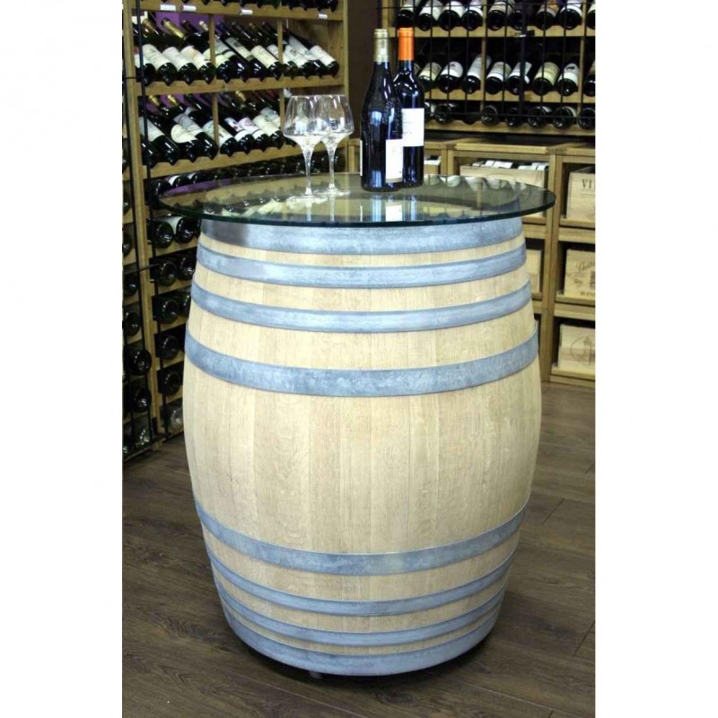 Casiers Chêne Tonneau rénové et sablé + plateau verre trempé - diam. 90 cm - ep. 8mm + 4 roulettes